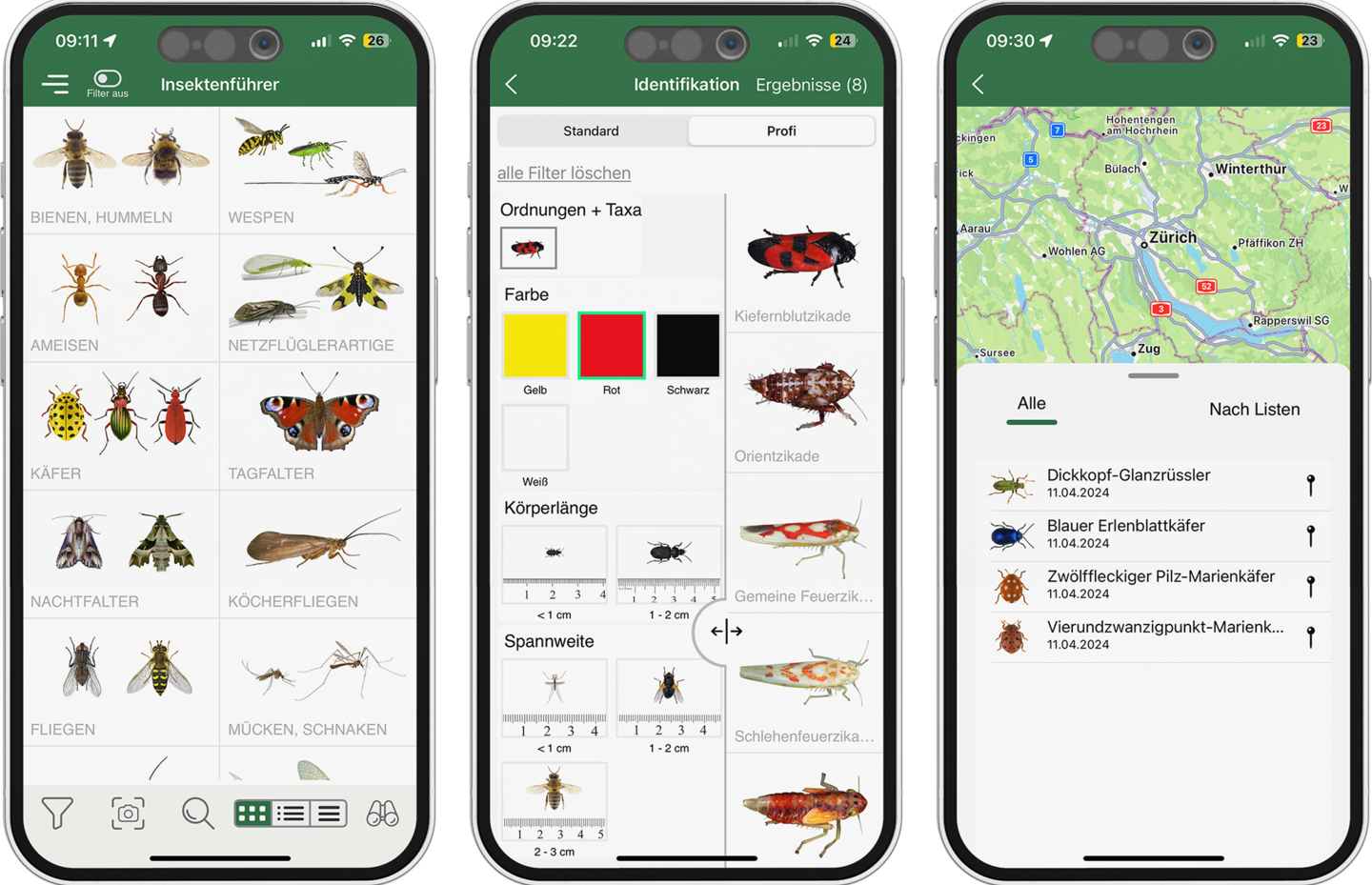 Screenshots der Insektenführer-App von Pro Natura