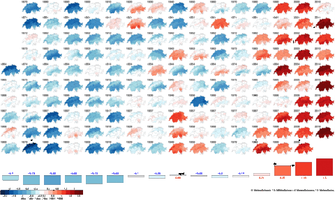 Grafik des Bundesamts für Meteorologie und Klimatologie auf der die Temperaturabweichung vom Mittel der Jahre 1961-1990 zu sehen ist